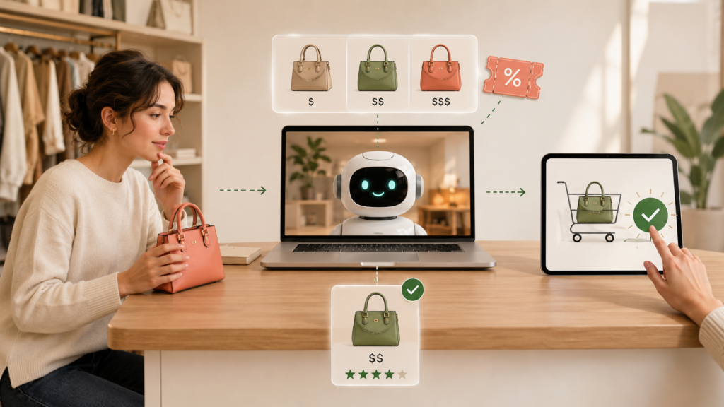 An illustrated ai shopping assistant description explaining product comparison, price tracking, and smooth checkout.