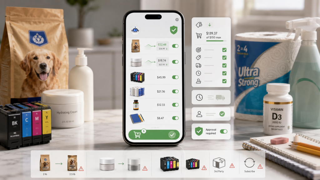 A mobile dashboard showing agentic commerce autonomous shopping ai 2026 use cases for recurring household orders.