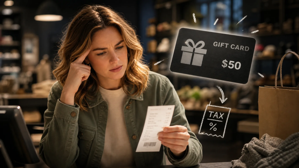 A thoughtful customer looking at a receipt, wondering do gift cards have tax added when buying or using them.