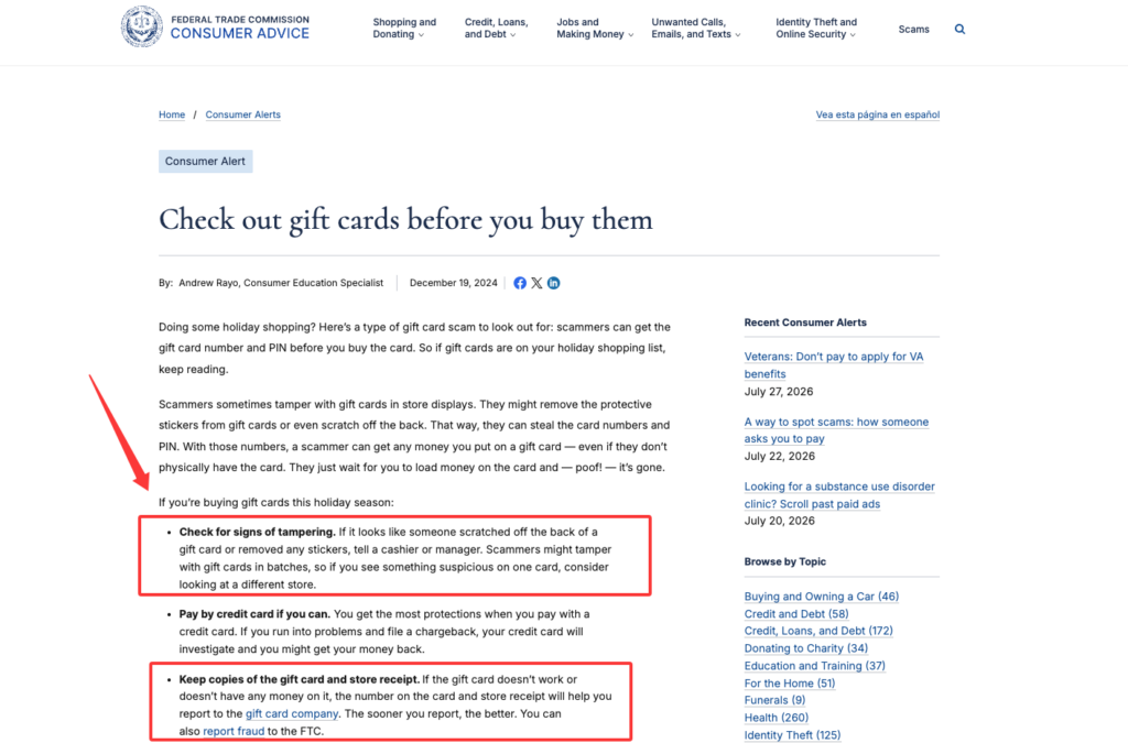 Important tips explaining how do gift cards work safely, avoiding tampering scams during holiday shopping.