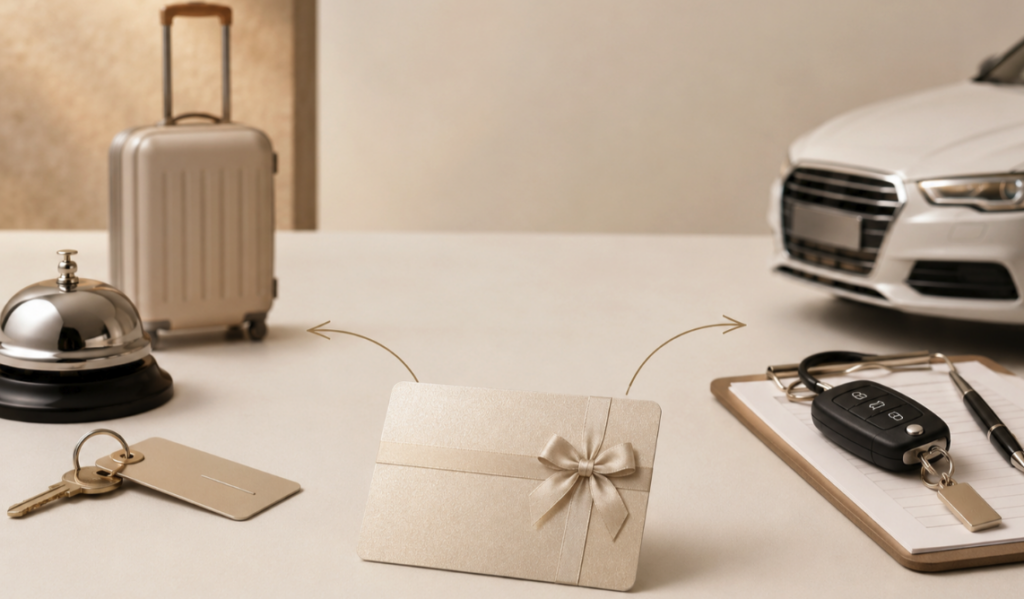 An illustration showing how do gift cards work for booking travel, hotel stays, and car rental services.