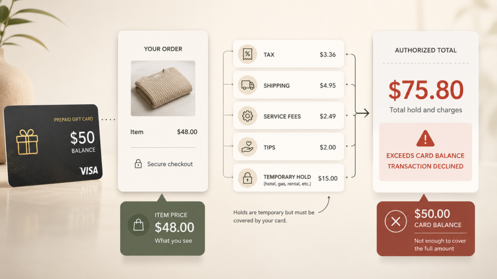 A checkout breakdown explaining why transactions fail when users mistakenly assume can you combine visa gift cards.
