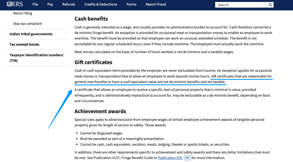 IRS tax rules explaining do gift cards have tax implications when provided by employers as employee benefits or cash equivalents.