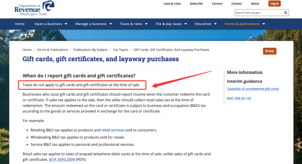 Official tax documentation clarifying do gift cards have tax and explaining that taxes apply upon redemption, not sale.