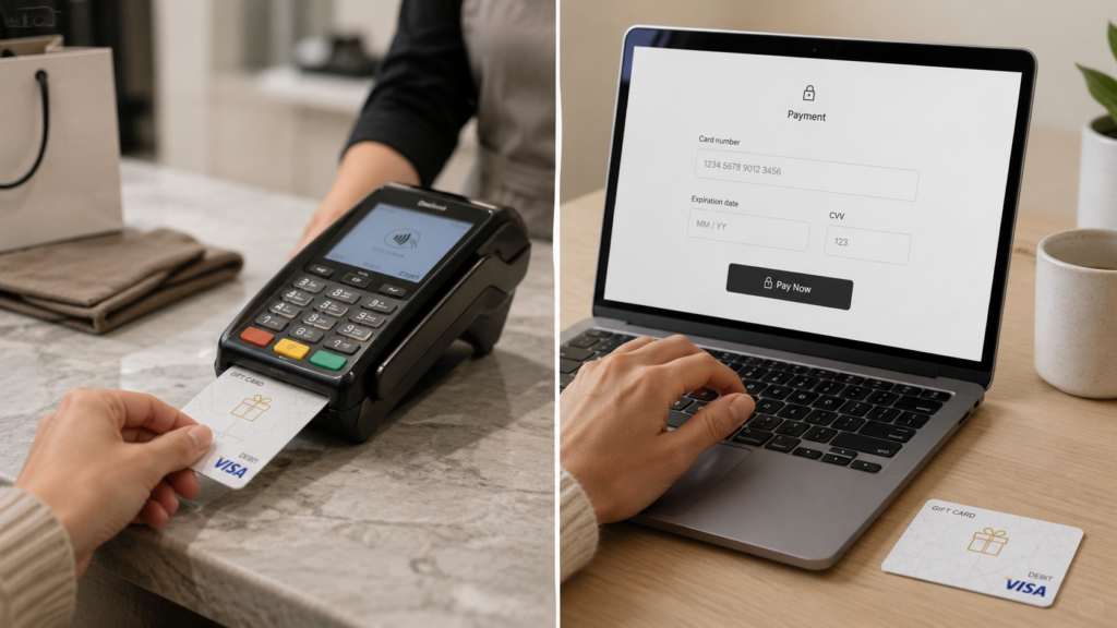 A practical demonstration showing how do gift cards work on card readers and secure e-commerce payment pages.