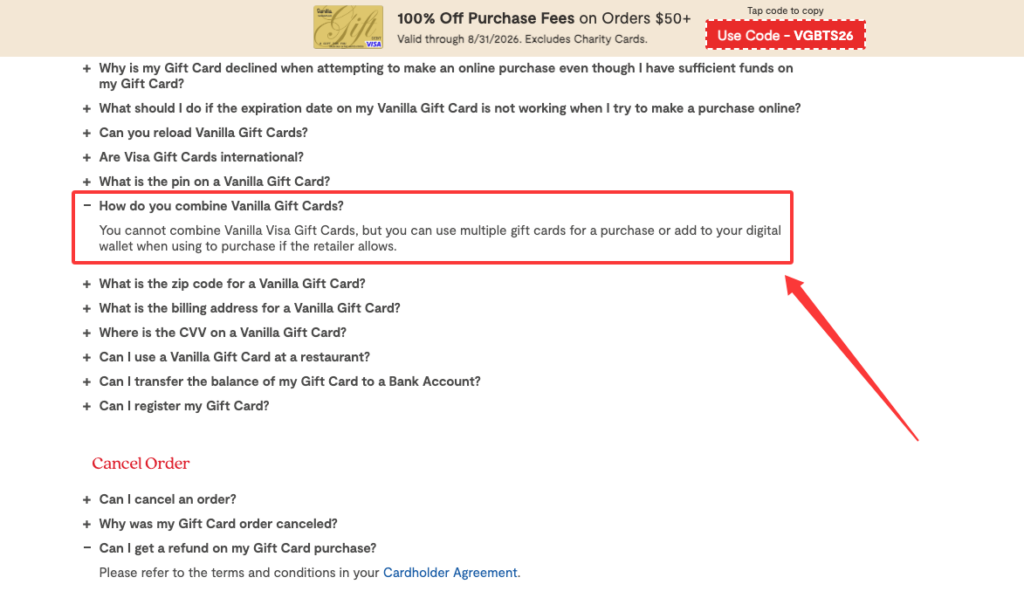 Official FAQ documentation addressing whether can you combine visa gift cards and how retailer policies apply.