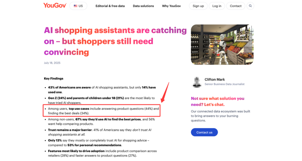 A data report featuring an ai shopping assistant description about consumer awareness, trust barriers, and top use cases.
