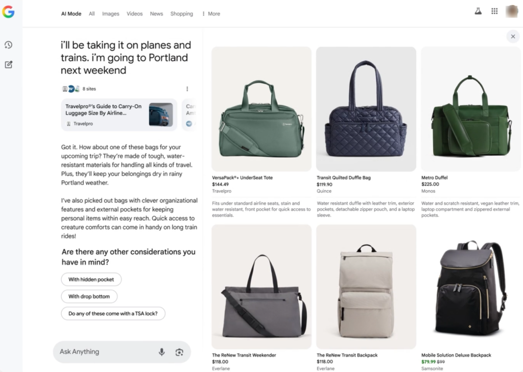 Explore travel bag recommendations generated by conversational shopping assistants and smart search tools.