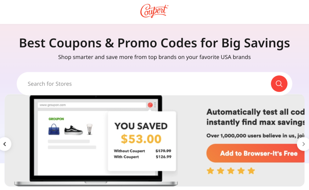 Coupert browser extension landing page highlighting instant promo code testing and cash savings.