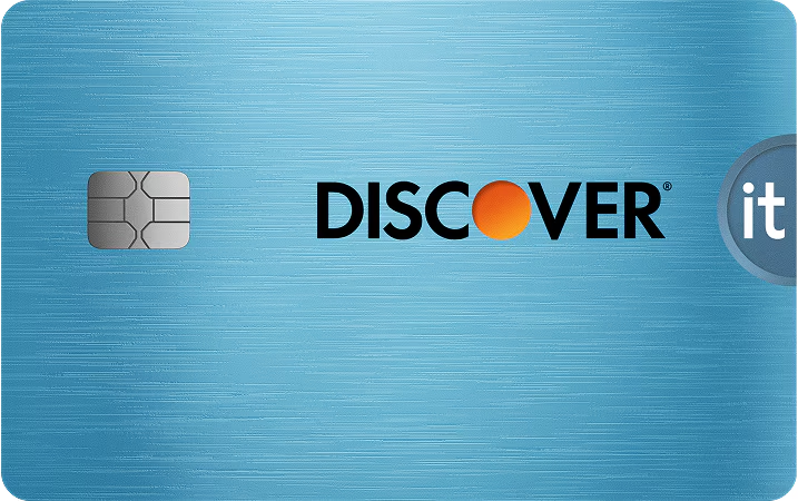 A close-up view of the blue metallic Discover it credit card featuring the chip and brand logo.