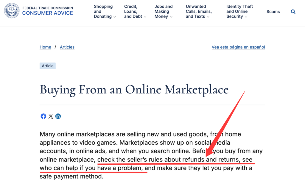 Consumer protection guidelines on verifying seller refund rules and secure payment methods online.