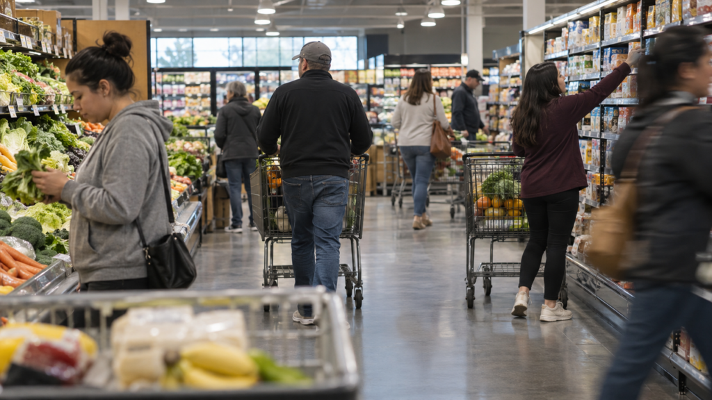 A bustling supermarket aisle showing shoppers exploring products where what stores offer cashback applies.