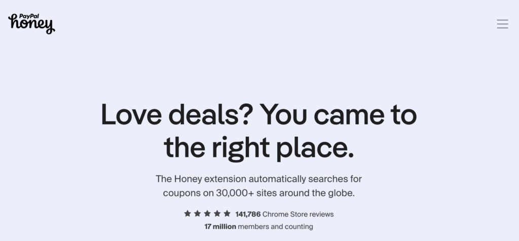Official Honey extension platform page detailing automated coupon searches and global store coverage.