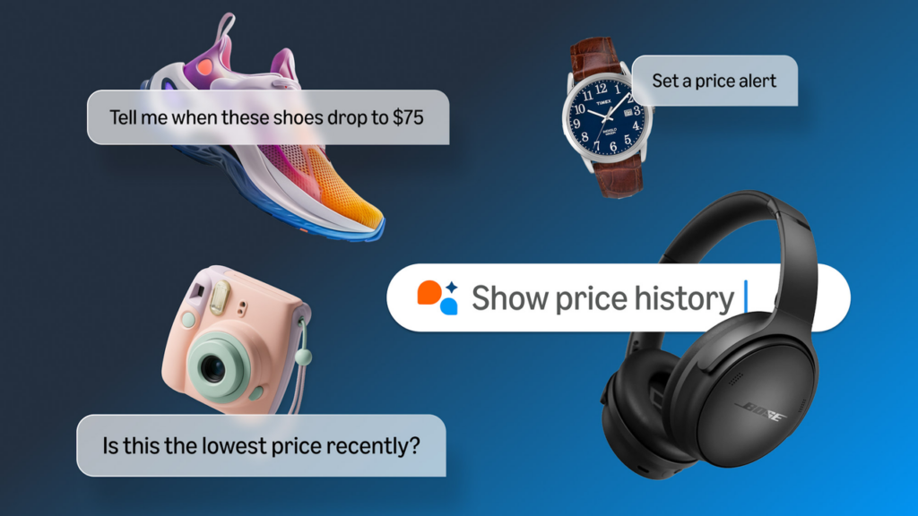 An interface mockup demonstrating price drop alerts and history tracking features for online retail shoppers.