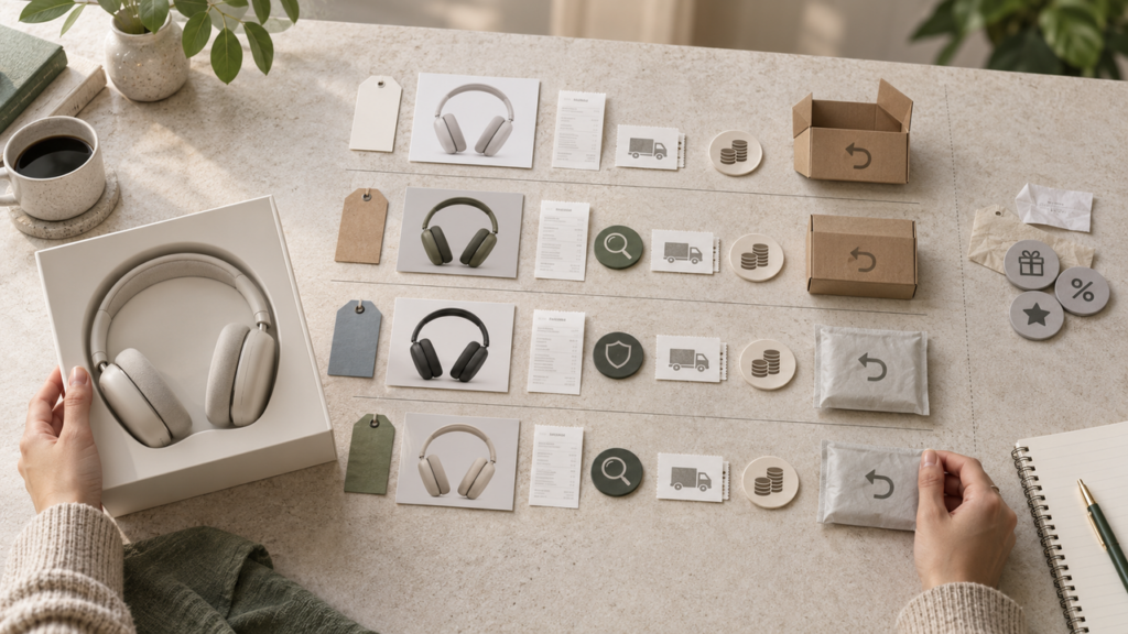 A flat lay setup illustrating how shoppers evaluate items using tools similar to a phia alternative.