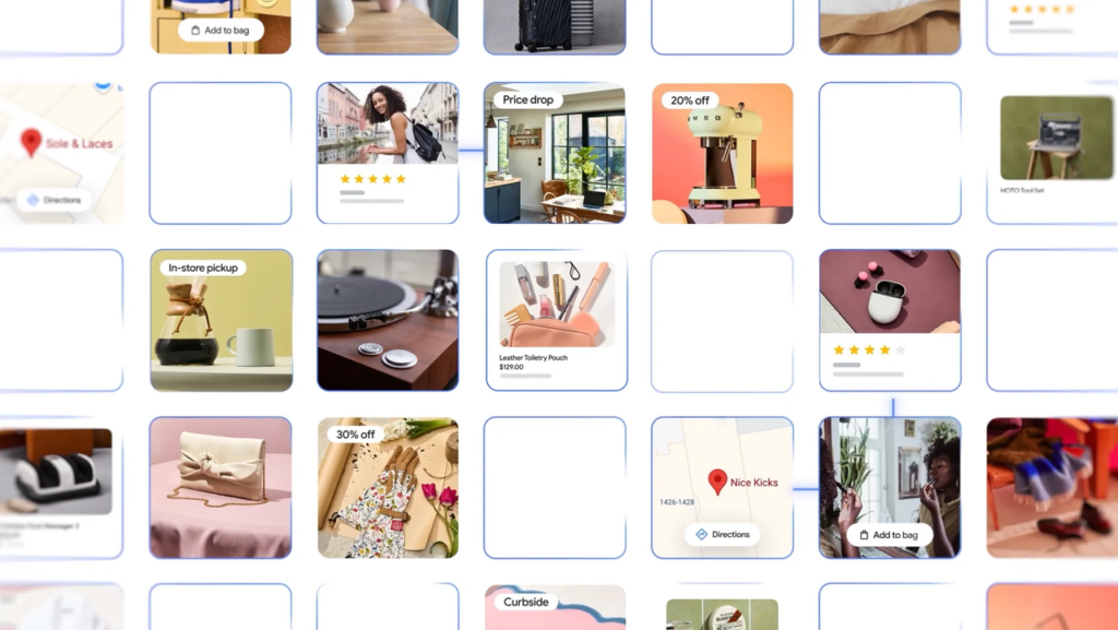 A grid layout displaying visual search results, price drops, and in-store pickup options for users.