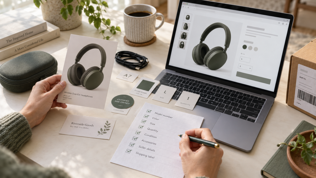A workspace setup with a laptop displaying online products and verification checklists for smart purchasing decisions.