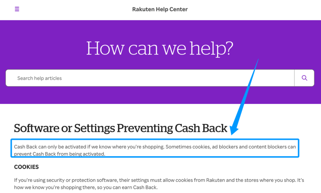 Troubleshooting guide explaining how browser settings and ad blockers affect what stores offer cashback.