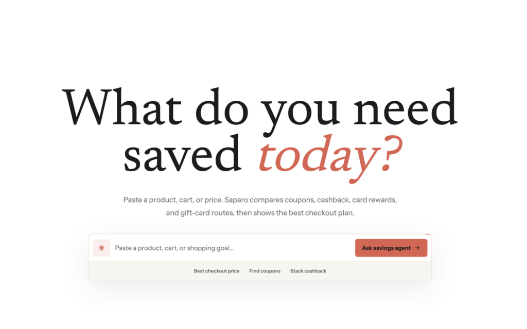 The Saparo savings assistant interface helping users compare checkout plans and what stores offer cashback.