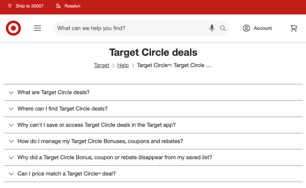 Official Target support documentation answering FAQs about store circle deals, coupons, and rebates.
