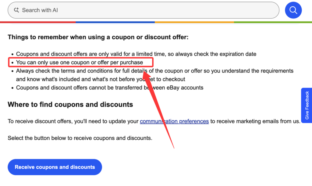 Important terms and conditions regarding single coupon use and discount limitations on marketplace purchases.
